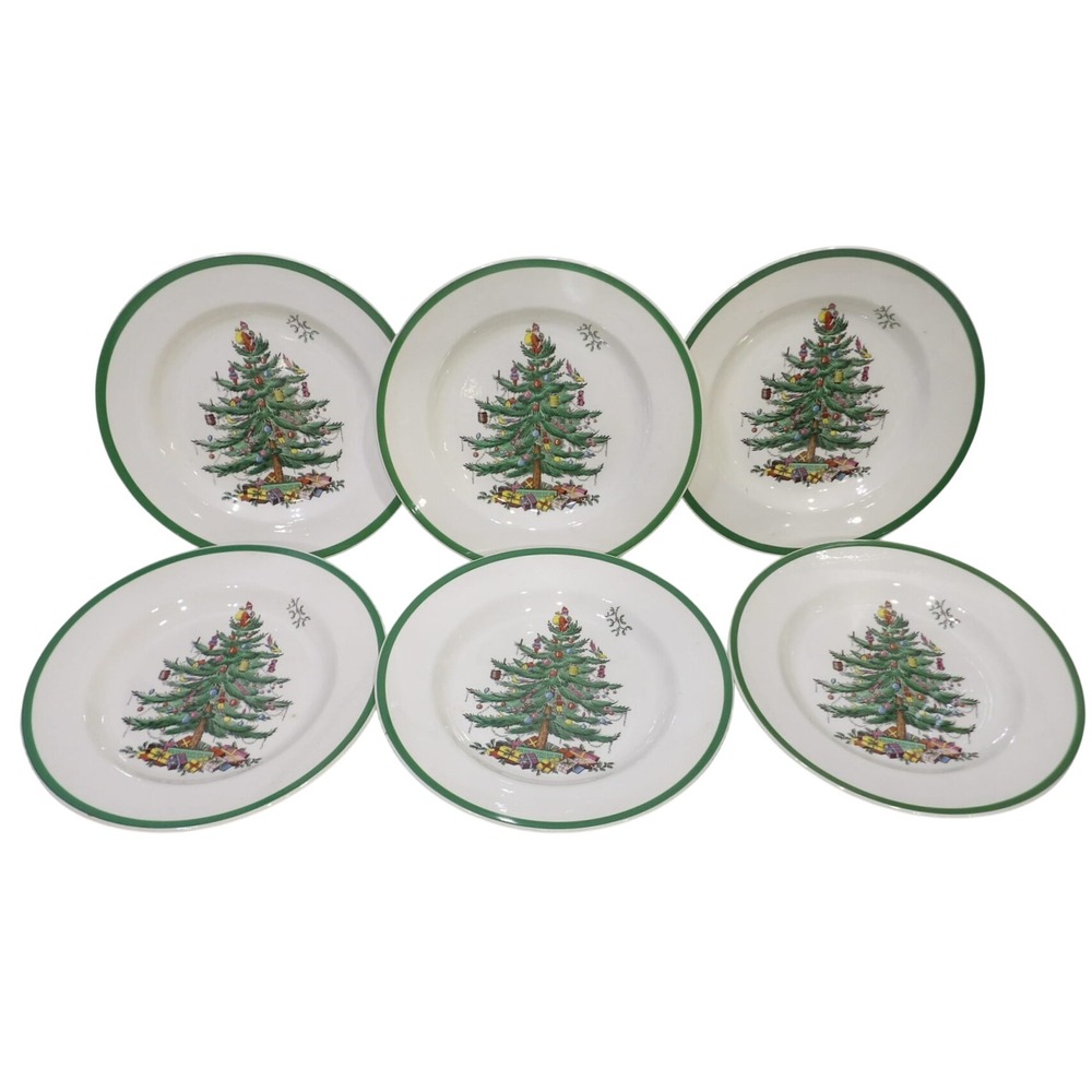 Spode Christmas Tree Dinner Plates Set of 6 England S3324-P 10.5 Inch Green Rim